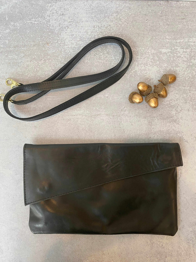Black leather clutch with removable strap