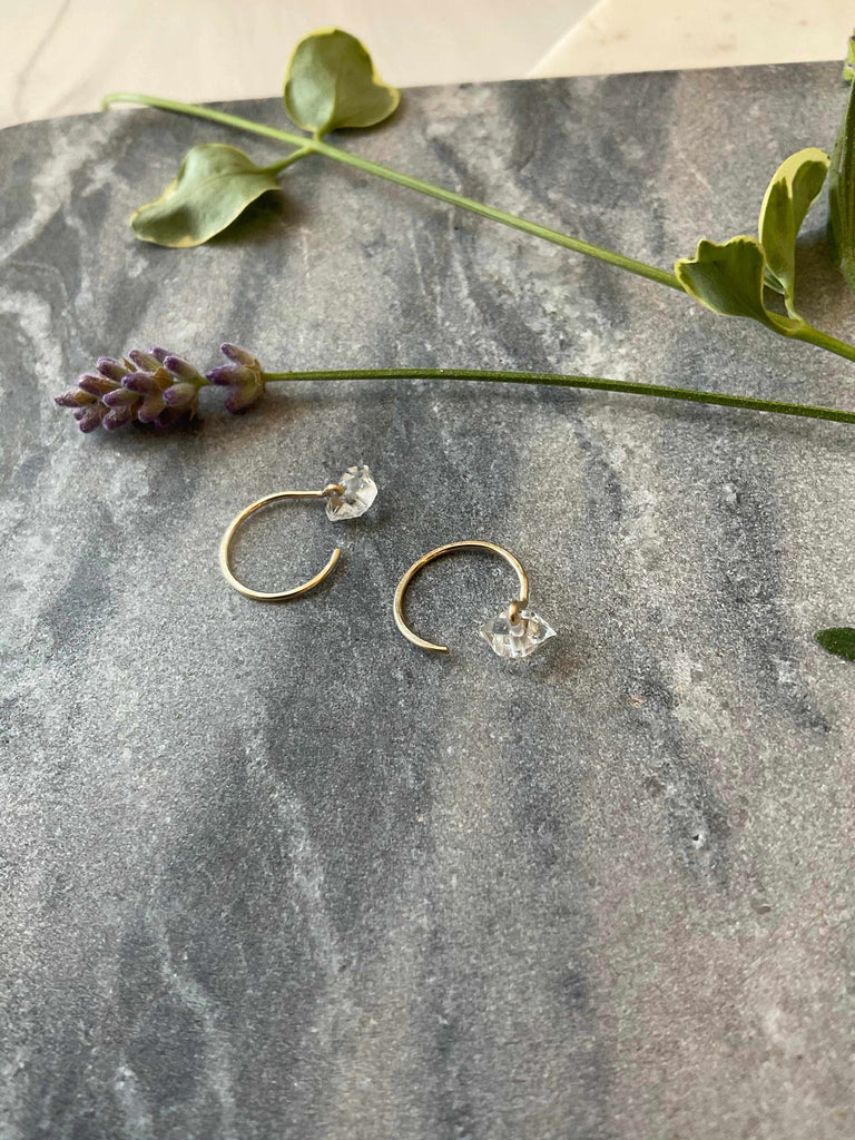 14k Gold Fill Hug Hoop Earrings with Herkimer Diamond