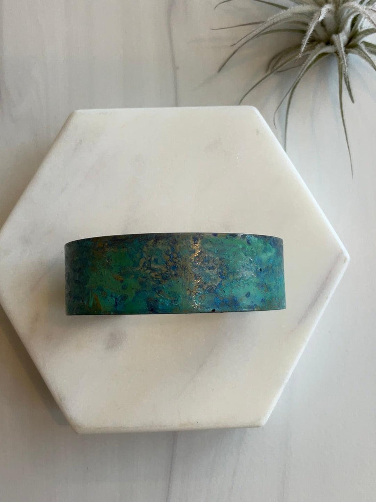 Thin Sea Foam Patina Cuff in unique patina in shades of green, blue, & purple
