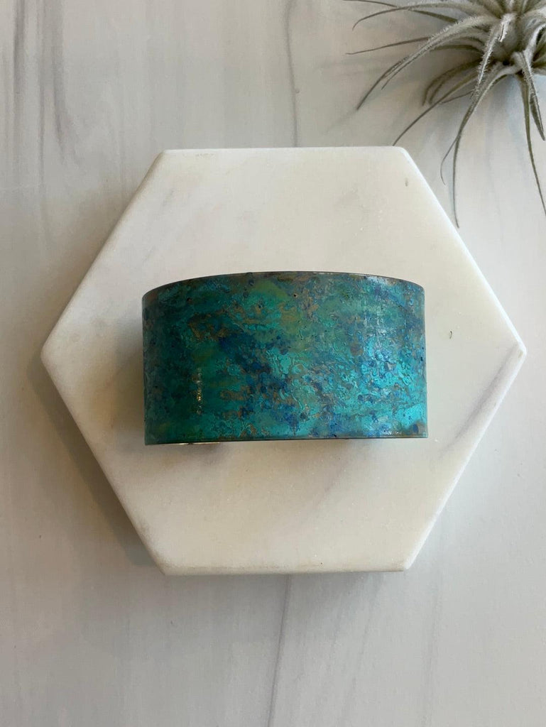 Sea Foam Patina Cuff in unique patina in shades of green, blue, & purple