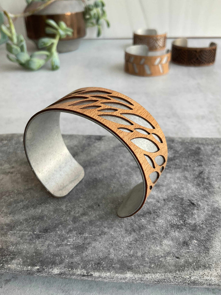 Lotus deco-inspired wood cuff bracelet