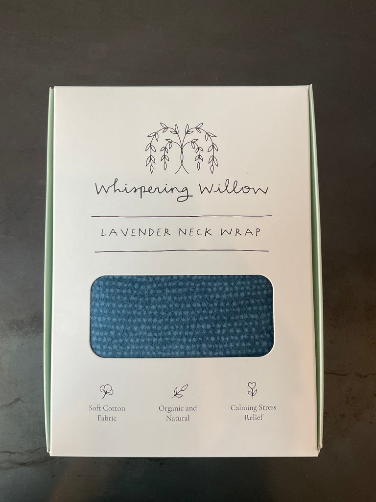 Packaged Whispering Willow lavender neck wrap in deep blue