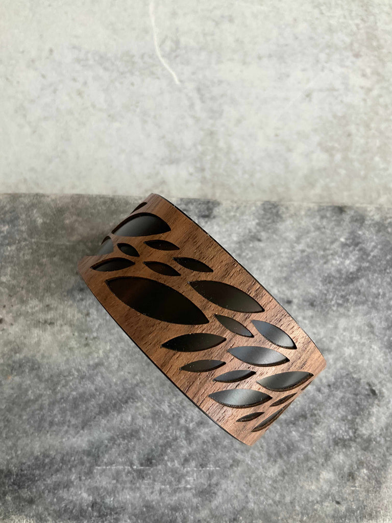 Wood Leaf Cuff Bracelet in Walnut over Black