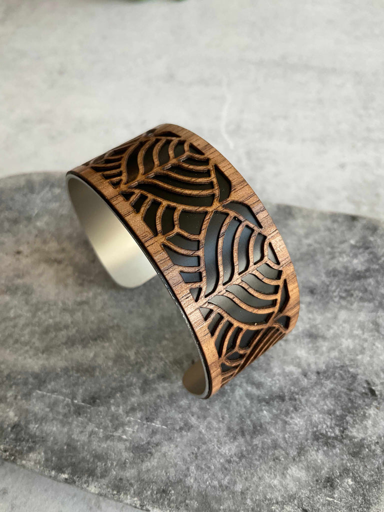 Lotus deco-inspired cuff bracelet in walnut