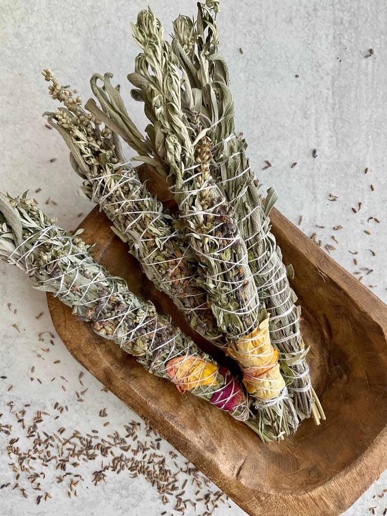 Bowl of Local Sage with Rose and Mugwort Smudge Sticks